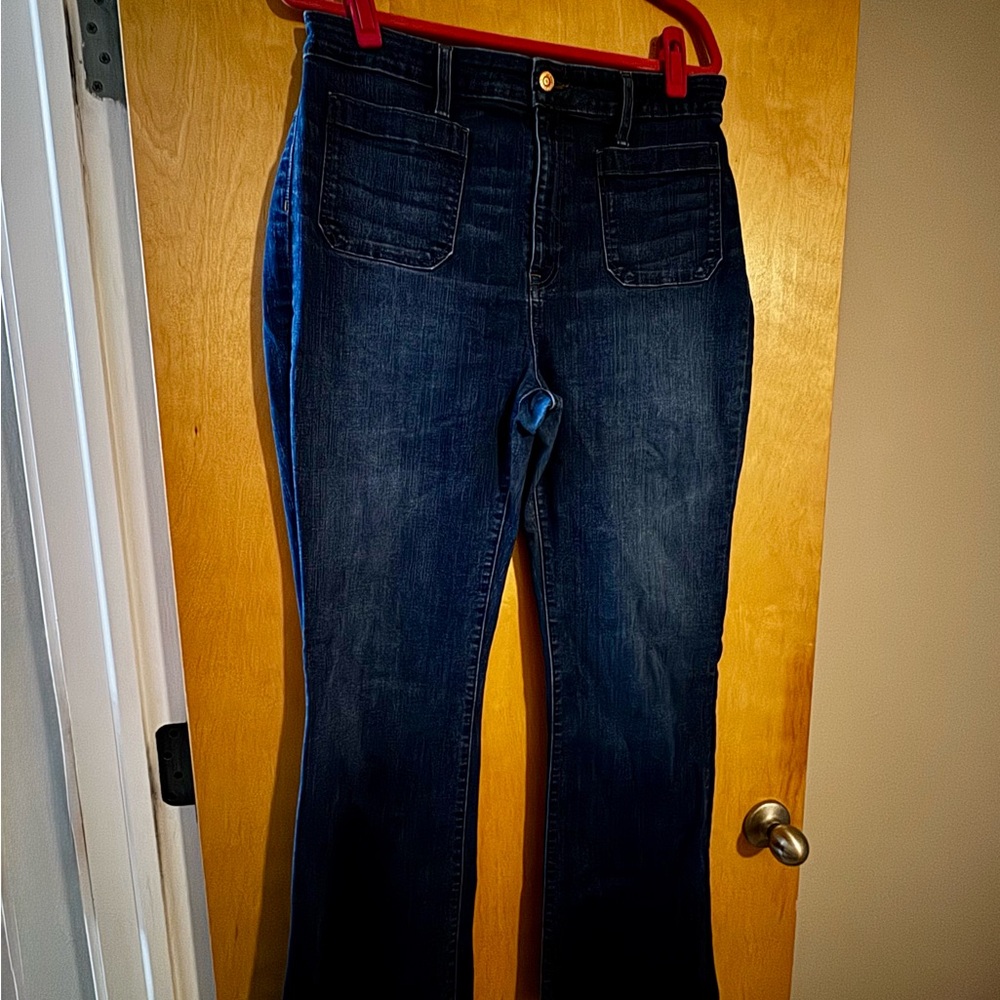 J. Crew Dark Blue Flare Jeans with Front Patch Pockets